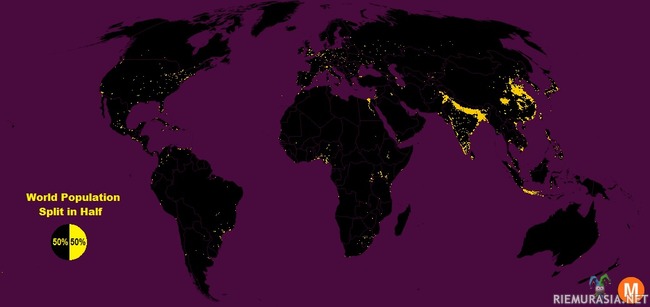 Missä asuu puolet maapallon väestöstä - Puolet maailman väestöstä asuu keltaisella merkityillä alueilla, toinen puolikas ihmisistä asuu mustalla.