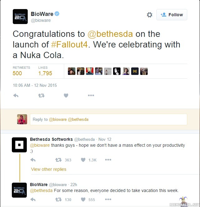 Bethesda ja Bioware Twitterissä - Asiallista meininkiä kun onnitellaan kilpailijaa hyvästä pelistä