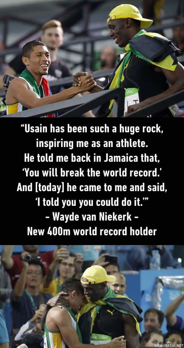 Usain Bolt kannusti - Wayne van Niekerk rikkoi 400m maailmanennätyksen, kuten hänen kannustajansa Usain Bolt sanoi tavatessaan hänet Jamaikalla