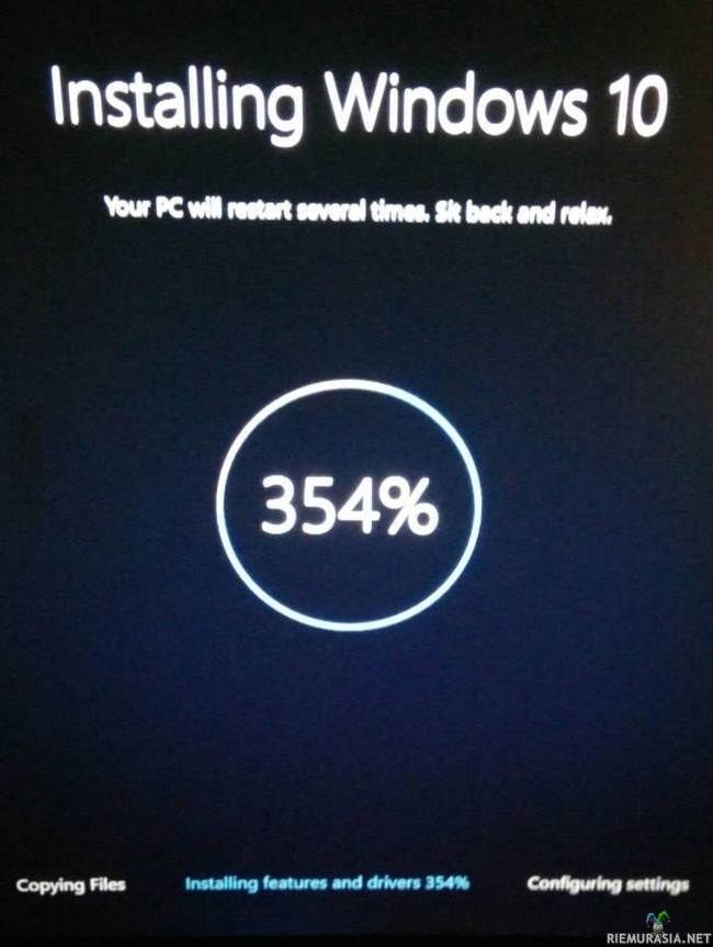 Windows 10:n asennus - Ei syytä huoleen, asennus on jo 354% valmis