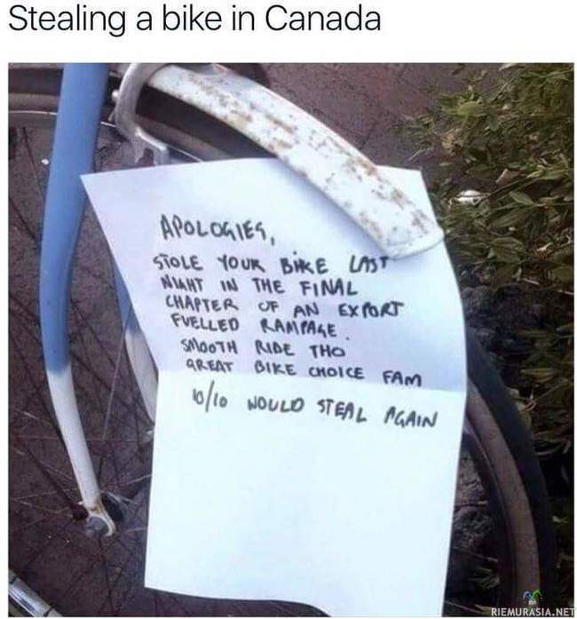 Kanadalainen pyörävaras - Varas palautti polkupyörän takaisin viestin kera