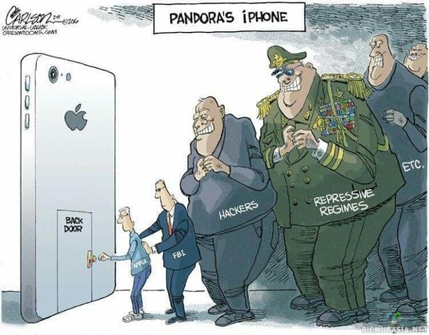 Applen salaus - Jos salausta ei saada auki suosiolla, niin sitten väkisin. http://www.digitoday.fi/tietoturva/2016/03/29/yhdysvallat-mursi-iphonen-suojauksen/20163355/66?rss=6