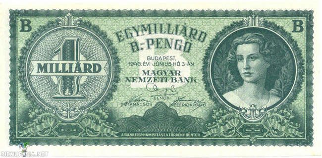 1 kvardiljoonan pengőn seteli - Kun lähdetään etsimään kaikkien aikojen suurinta seteliä, Unkarin pengő (käytössä 21. tammikuuta 1927 – 31. heinäkuuta 1946) vie selkävoiton. Toisen maailmansodan jälkeen Unkarin hyperinflaatio vuonna 1946 oli vieläkin pahempi kuin mitä Saksassa koettiin 1920-luvulla: siinä missä Saksassa hinnat kaksinkertaistuivat Saksassa 3,7 päivässä, vastaavasti Unkarissa aikaa kului vain 15 tuntia.
 
Esimerkkinä mainittakoon, että 100 000 biljoonan pengőn seteli riitti heinäkuussa 1946 yhteen raitiovaunulippuun tai yhteen postimerkkiin. Hyperinflaatio oli niin paha, että pengőistä jouduttiin luopumaan kokonaan ja maan rahayksikkö muutettiin forinteiksi. Forintti otettiin käyttöön vaihtoarvolla yksi 400 000 kvadriljoonaan (4×10^29) pengőhön.

Setelin tekstissä lukee &quot;yksi miljardi b(iljoonaa) pengőa&quot;, eli 1 kvardiljoonaa pengőa (10000000000000000000000 pengőa).