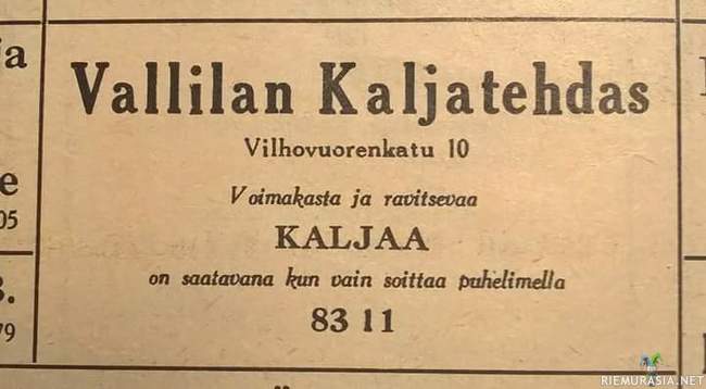 Voimakasta ja ravitsevaa kaljaa - Vallilan kaljatehdas mainosti tuotteitaan sanomalehdessä lyhyesti ja ytimekkäästi juhannuksen aikoihin vuonna 1927