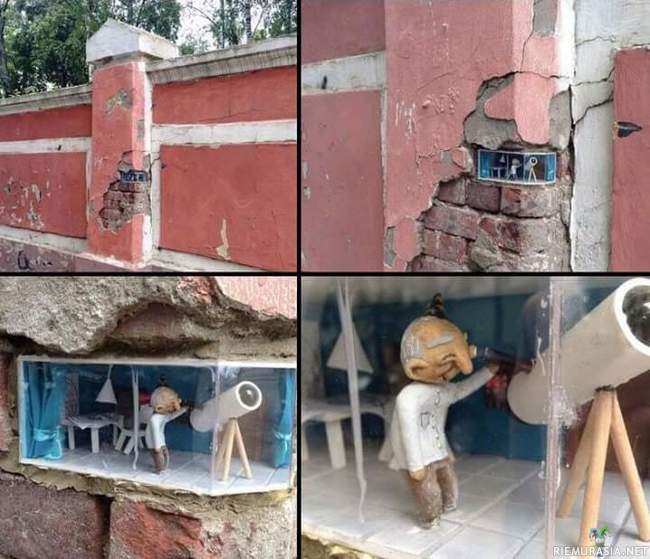 Piilotettua katutaidetta - Rikkoutunut tiiliaidan tolppa on saanut uuden elämän miniatyristisen kaupunkitaiteen muodossa