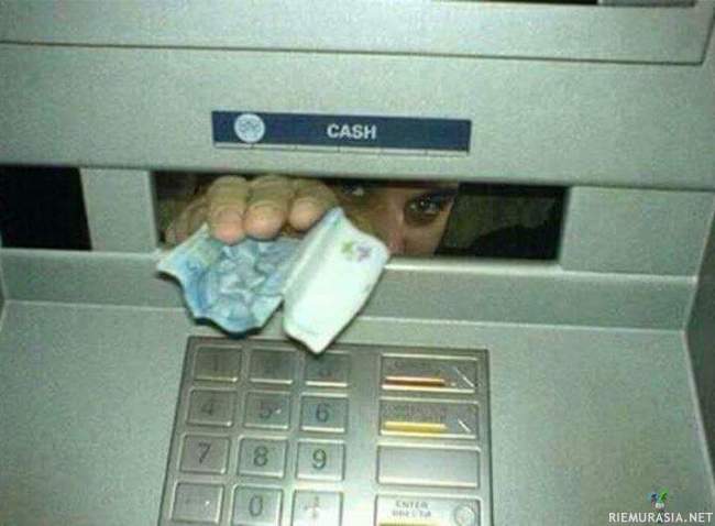 Pankkiautomaatti - Syötä korttisi niin saat rahan, tarvitsee myös tunnuslukusi varmuuden vuoksi.