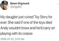 Tytär pilasi Toy Storyn kertaheitolla