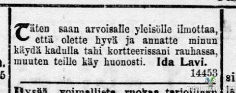 Idalle ei parane ryttyillä - Lehtileike Helsingin sanomista vuodelta 1905