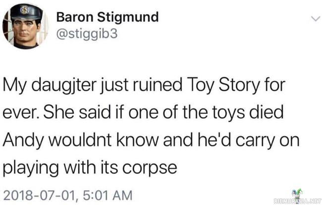 Tytär pilasi Toy Storyn kertaheitolla