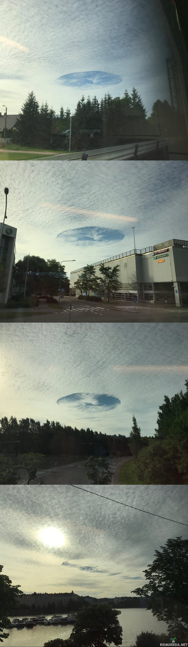 Reikä Taivaassa - Because of their rarity and unusual appearance, fallstreak holes have been mistaken for or attributed to unidentified flying objects. - https://en.wikipedia.org/wiki/Fallstreak_hole.