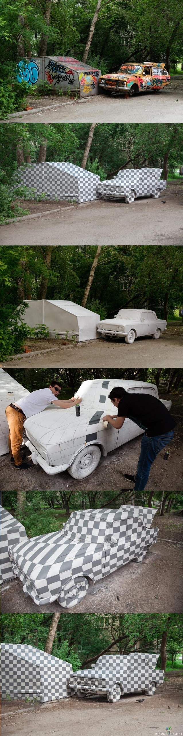 Photoshop taidetta - Venäläiset taiteilijat maalasivat hylätyn auton photoshopmaisesti. Illuusio toimii vain yhdestä suunnasta, mistä tahansa muusta näkökulmasta neliöt eivät enää näytä neliöiltä.