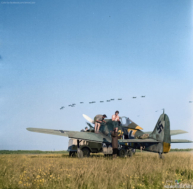 Immolan kenttä kesällä 1944 - Stuka syöksypommittajat lentävät Immolan kentän yli 2. heinäkuuta 1944. Kannaksen torjuntataistelujen aikana. Colored by Jared Enos. SA-kuva.