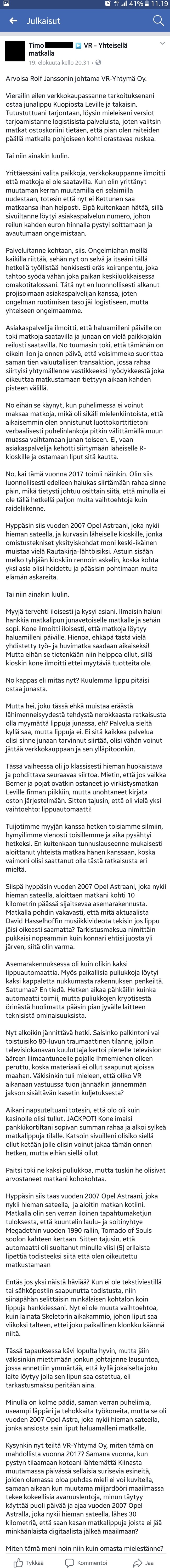 Valtion Rautatie - Asiakkaan valitus VR:n lippuja ostaessa.