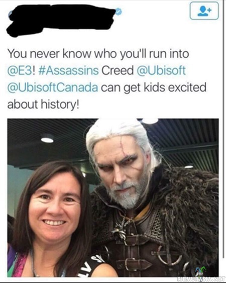 Ezioon törmääminen E3 messuilla - Vähänkö hienoa kun lapset oppii historiaa ja sillee (tässä pitää tietää että tuo hahmo on kyllä Witcher pelisarjan Geralt)