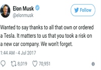 Elon Musk kiittää Twitterissä