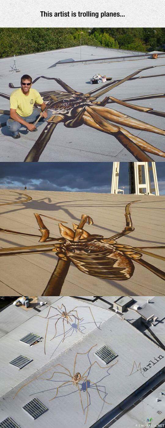 Taiteilija jekuttaa lentäjiä - Lentäjät taatusti ihmettelee kun yläilmoista katsottuna näyttää siltä että talojen katoilla on jättiläishämähäkkejä