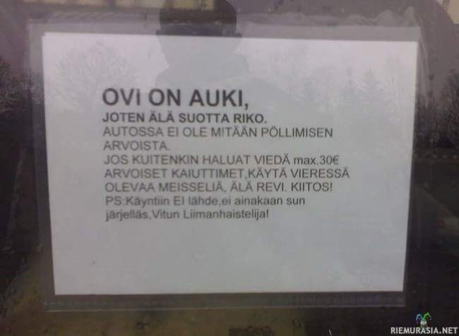 Ilmoitus auton ikkunassa