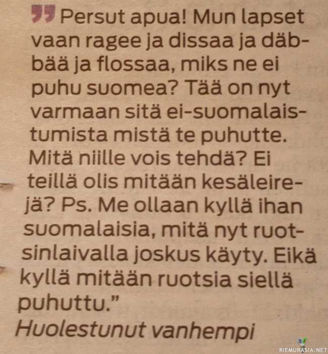 Huolestunut vanhempi pyytää persuja apuun