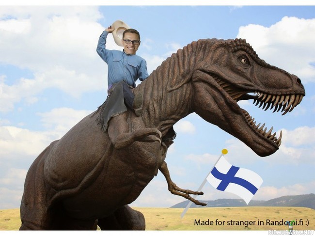 Stubb t-rexin selässä - Tänä kauniina talvisenä päivänä tapasin internetissä graafisen tuotannon tunnille tylsistyneen metkan ihmisen. Vitsailin että hänhän voisi photoshopata Alexander Stubidon ratsastamassa t-rexin selässä: 
13:06 - Minä: Photoshoppaa Stubb ratsastamassa t-rexiä
13:06 - Randomi: ok :D
13:06 - Randomi: hetki pieni
Ja odottamatta 10 minuutin sisällä hän paljastui sanansa mittaiseksi mieheksi. Asiasta ilahtuneena pidin myyntipuheen RR:sta ja kutsuin hänet joukkoomme iloiseen - Hän vaikutti kiinnostuneelta ja vakuutti menevänsä heti tekemään käyttäjää rasiaan.
Eli jos löysit tiesi perille, niin paljasta itsesi ja ota kunnia päivää piristävästä teoksestasi :D.
